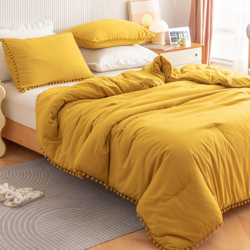 Photo 1 of Comforter King Set 3pcs Boho Ball Pom Pom Bedding, Aesthetic Mustard Yellow Comforter King Sized Bed Set Deep Yellow Bed Set for Women Men 