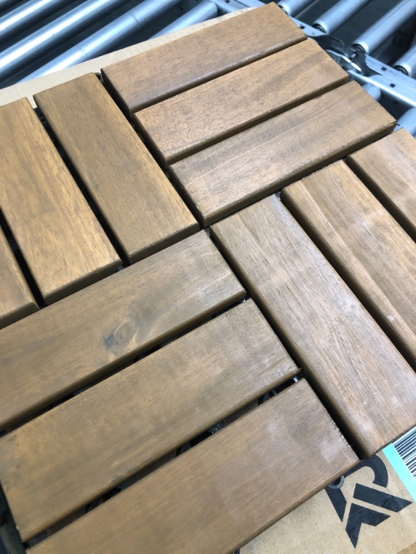 Photo 3 of Acacia Wood Interlocking Deck Tiles for Outdoor/Indoor - 12"x"12 Decorative All Weather Balcony Flooring - Snap & Click Together Patio Tiles - Portable Waterproof Dance Floor Covering, Outside Walkway 12 Slats Almond Brown 10
