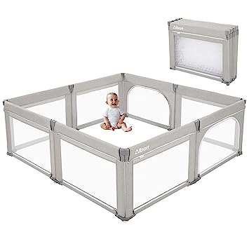 Photo 3 of Albott Baby Playpen- Foldable Playpen for Babies and Toddlers 74x74 in Baby Play Yards, Portable Baby Fence(Large, Light Grey)