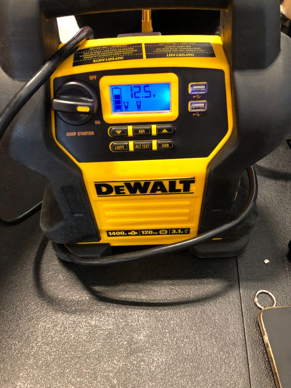 Photo 2 of DEWALT DXAEJ14 Digital Portable Power Station Jump Starter: 1400 Peak/700 Instant Amps, 120 PSI Digital Air Compressor, 3.1A USB Ports, Battery Clamps , Yellow