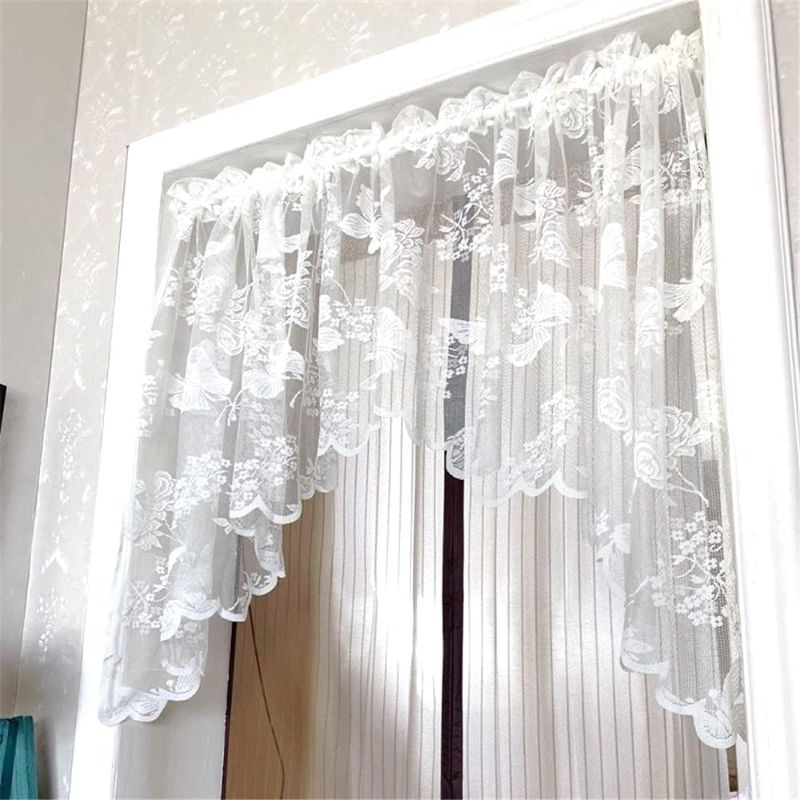 Photo 1 of 1 Panel Lace Sheer Curtain Valance Floral and Butterfly Embroidered Swag Curtain Valance Tier for Doorway Kitchen Bathroom Window, Rod Pocket Top, Cream