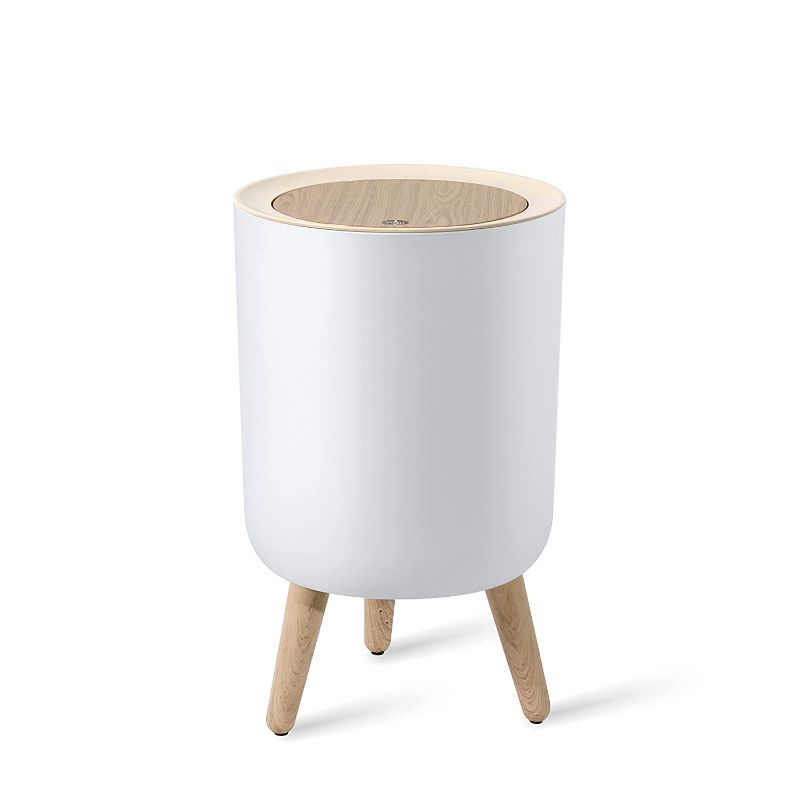 Photo 1 of Bathroom Trash Can with Lid,1.8 Gallon Modern Office Trash Can for Near Desk Bedroom Garbage Can Waste Basket with Push Top,Nordic Small Trash Bin for Living Room, Toilet, Nursery,Dog Proof Trash Can, White