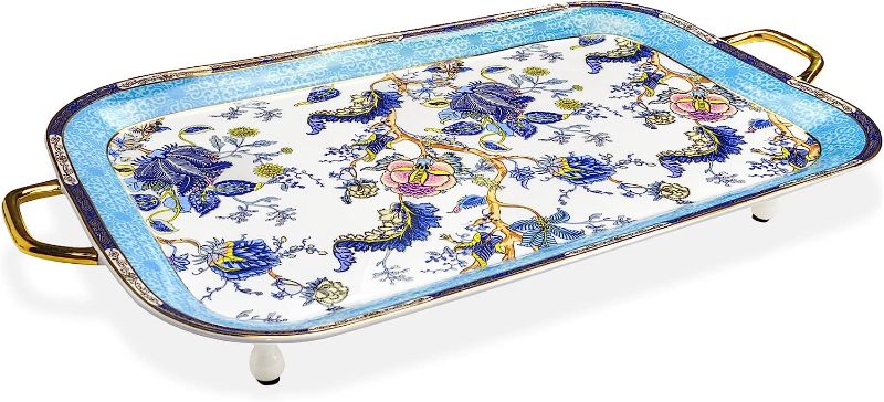 Photo 1 of CMLIFE Porcelain Serving Tray, 21 inches Tea Tray with Handles, Blue Fine Ceramic Decorative Serving Tray Platter with Golden Rim for Tea Sets, Living Room, Gift