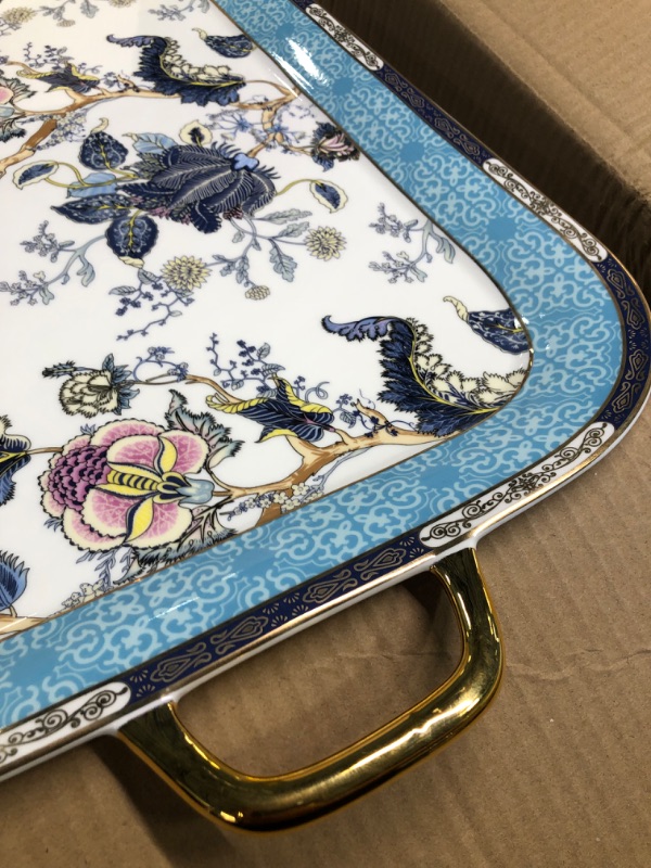 Photo 4 of CMLIFE Porcelain Serving Tray, 21 inches Tea Tray with Handles, Blue Fine Ceramic Decorative Serving Tray Platter with Golden Rim for Tea Sets, Living Room, Gift