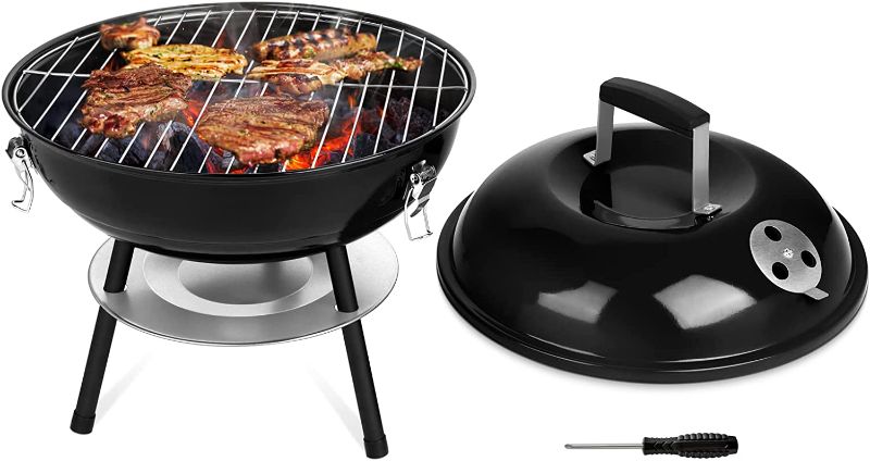 Photo 1 of 14-Inch Portable Outdoor Charcoal Grill, Leonyo Small BBQ Charcoal Grill, Mini Tabletop Charcoal Grill, Enamel Coated Hibachi Grill for Backyard Cooking, Camping, Picnics, Garden, Beach, Black
