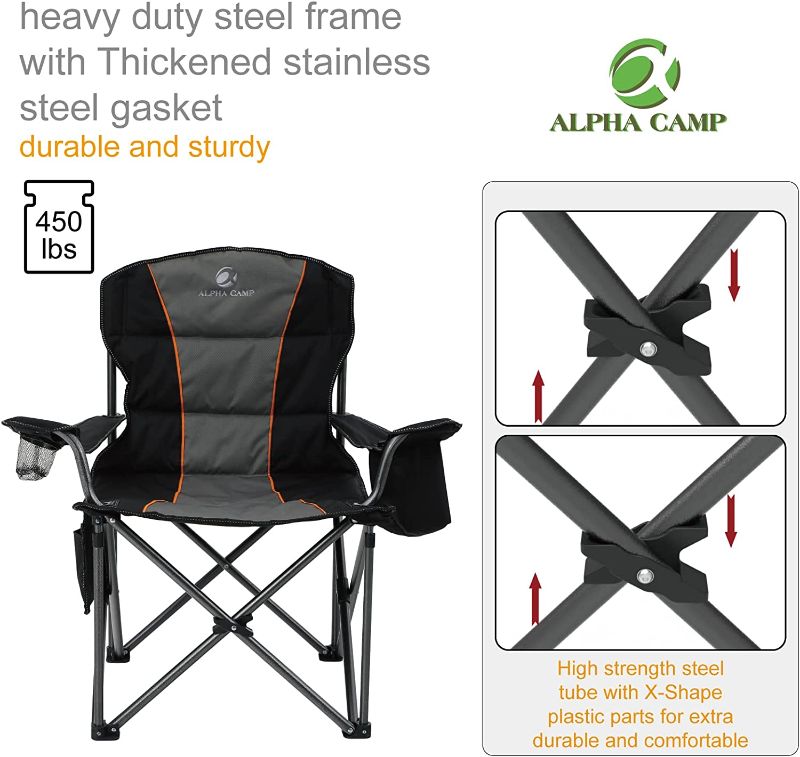 Photo 1 of ALPHA CAMP Oversized Camping Folding Chair, Heavy Duty Support 450 LBS Steel Frame Collapsible Padded Arm Chair with Cup Holder Quad Lumbar Back, Portable for Outdoor,Black
