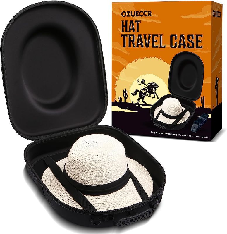 Photo 1 of Ozueccr Cowboy Hat Holder for Travel – Crush Proof Hat Carrier Case for Travel Protects up to 2 Cowboy, Panama & Tweed Hats – Equipped with a Carrying Handle, Shoulder Strap & Luggage Strap - Large