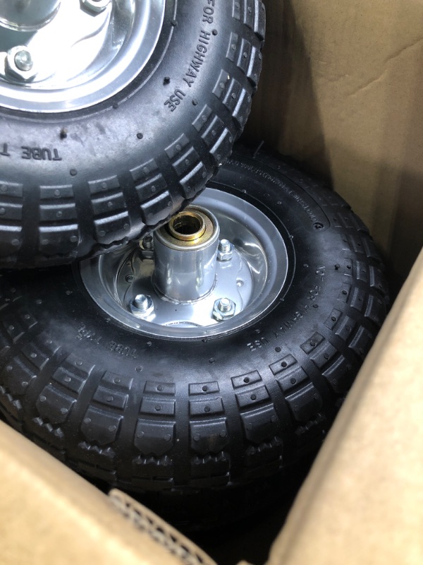 Photo 3 of GICOOL 4.10/3.50-4" Tire and Wheel, 10" Pneumatic Tire, 4 Pack, with 2 1/4" Offset Hub, 5/8" Axle Bore Hole, Sealed Bearings for Hand Truck Trolley Dolly Garden Wagon Gorilla Cart Wheel Replacement