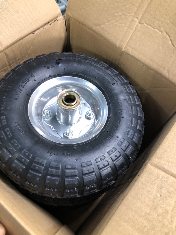 Photo 2 of GICOOL 4.10/3.50-4" Tire and Wheel, 10" Pneumatic Tire, 4 Pack, with 2 1/4" Offset Hub, 5/8" Axle Bore Hole, Sealed Bearings for Hand Truck Trolley Dolly Garden Wagon Gorilla Cart Wheel Replacement