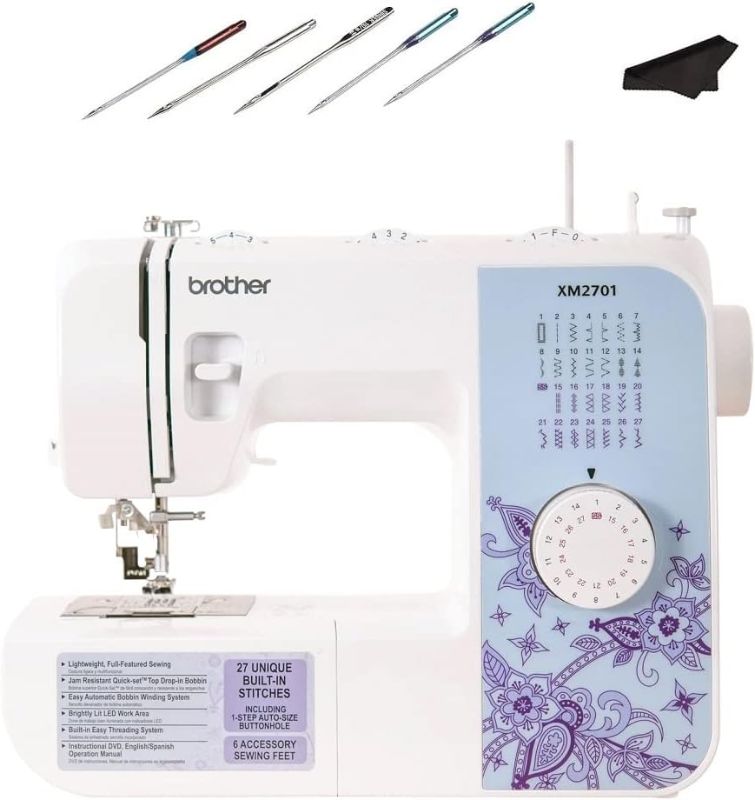 Photo 1 of  Brother Sewing Machine Bundle XM2701+, 27 Stitch Applications, 63 Functions, Simple, Portable, Great for Beginners, Top Drop-In Bobbin, 5 heavy duty needles, Cleaning Cloth,