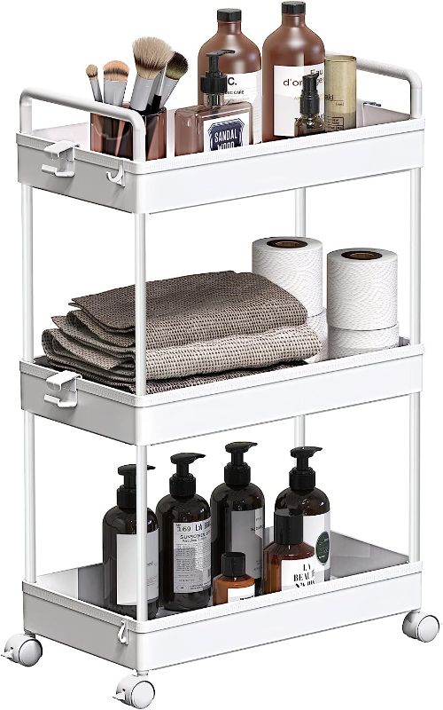 Photo 2 of SOLEJAZZ Rolling Storage Cart, 3 Tier Utility Cart Mobile Slide Out Organizer, Bathroom Standing Rack Shelving Unit Organizer for Kitchen, Bathroom, Laundry Room, White