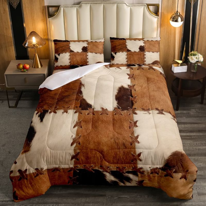 Photo 1 of Cowhide Bedding Sets Patchwork Cow Fur Print Comforter Farm Animal Comforter Set For Kids Boys Girls Western Cowboy Farmhouse Down Comforter With 1 Comforter and 2 Pillow Cases Bedroom Decor Full Size
