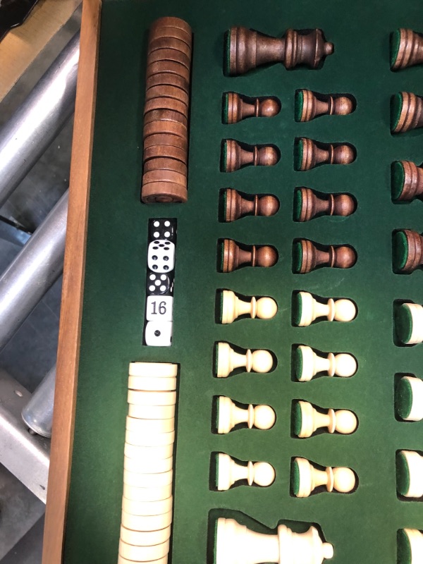 Photo 5 of A&A 16 inch Deluxe 3 in 1 Wooden Backgammon Set-Chess Set with Checkers/ 3.0 inch King Height Staunton Chess Pieces / Walnut Box W/Cherry Wood & Maple Inlay / 2 Extra Queen /Classic Board Games 3 in 1 CHESS /CHECKERS / BACKGAMMON