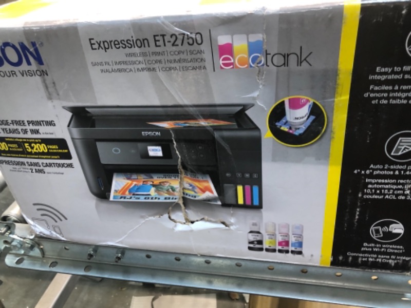 Photo 2 of Epson EcoTank ET-2750 Wireless Color All-in-One Cartridge-Free Supertank Printer with Scanner, Copier and Ethernet, Regular EcoTank ET-2750 - Renewed