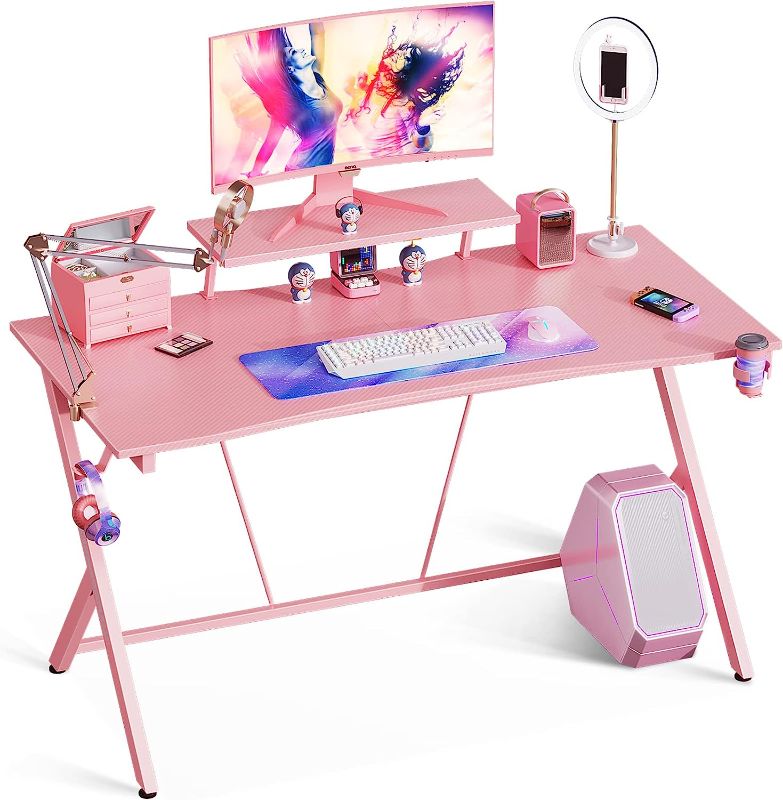 Photo 1 of MOTPK Pink Gaming Desk 55inch with Monitor Shelf Computer Desk Gaming Table Desk for Girls with Cup Holder and Headphone Hook Gamer Workstation Game
