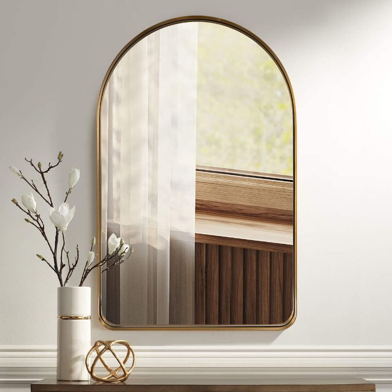 Photo 1 of ANDY STAR Arched Mirror, 24" x 38" Gold Bathroom Mirror in Stainless Steel Metal Frame, Arch Top Rounded Corner 1" Deep Set Design Wall Mount Hangs Vertical
