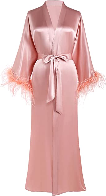 Photo 1 of PRODESIGN Satin Kimono Robe Long Bath Robe with Ostrich Feather Trim Sleepwear Wedding Bridesmaid Robe
