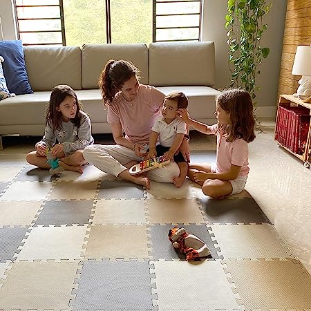 Photo 1 of MioTetto Soft Non-Toxic Baby Play Mat | Toddler Playmat | Colorful Jigsaw Puzzle PlayMat | 16+2 bonus squares Foam Floor Mats for Kids & Babies | EVA Foam Interlocking Tiles for Gym, Nursery, Playroom Cream-gray-beige 16