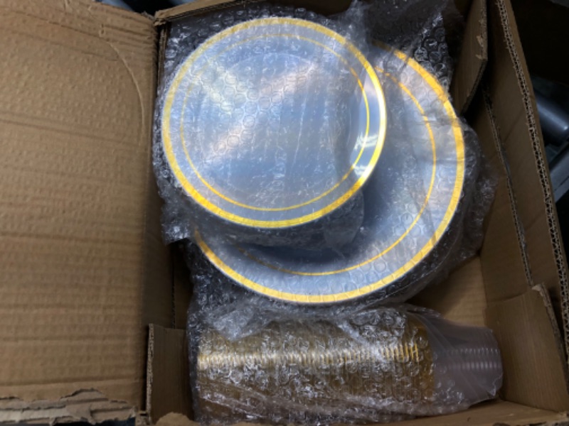 Photo 4 of 300 Pieces Gold Disposable Plates for 50 Guests, Plastic Plates for Party, Wedding, Dinnerware Set of 50 Dinner Plates, 50 Salad Plates, 50 Spoons, 50 Forks, 50 Knives, 50 Cups