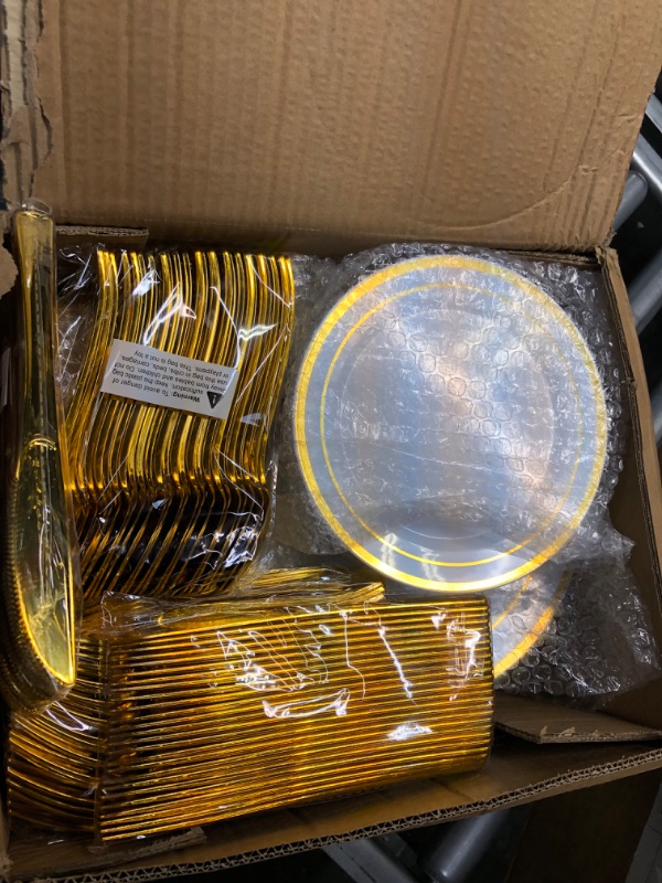Photo 3 of 300 Pieces Gold Disposable Plates for 50 Guests, Plastic Plates for Party, Wedding, Dinnerware Set of 50 Dinner Plates, 50 Salad Plates, 50 Spoons, 50 Forks, 50 Knives, 50 Cups