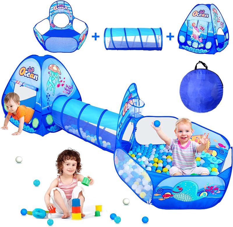 Photo 1 of PigPigPen 3 in 1 Kids Play Tent with Play Tunnel, Ball Pit, Basketball Hoop for Boys & Girls, Toddler Pop Up Playhouse Toy for Baby Indoor/Outdoor, Gift for Year Old Child (3 in 1 Kids Play Tent)