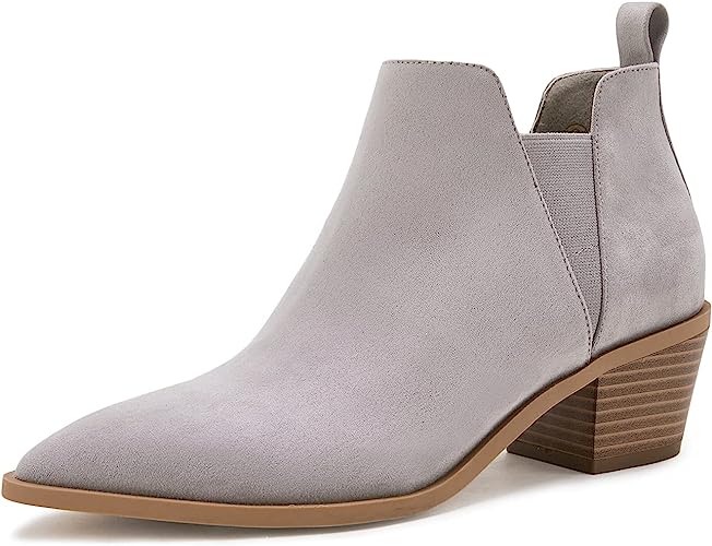 Photo 1 of Minshluu Womens Pointed Toe Ankle Boots Stacked Chunky Heel Slip on Western Low Heel Booties