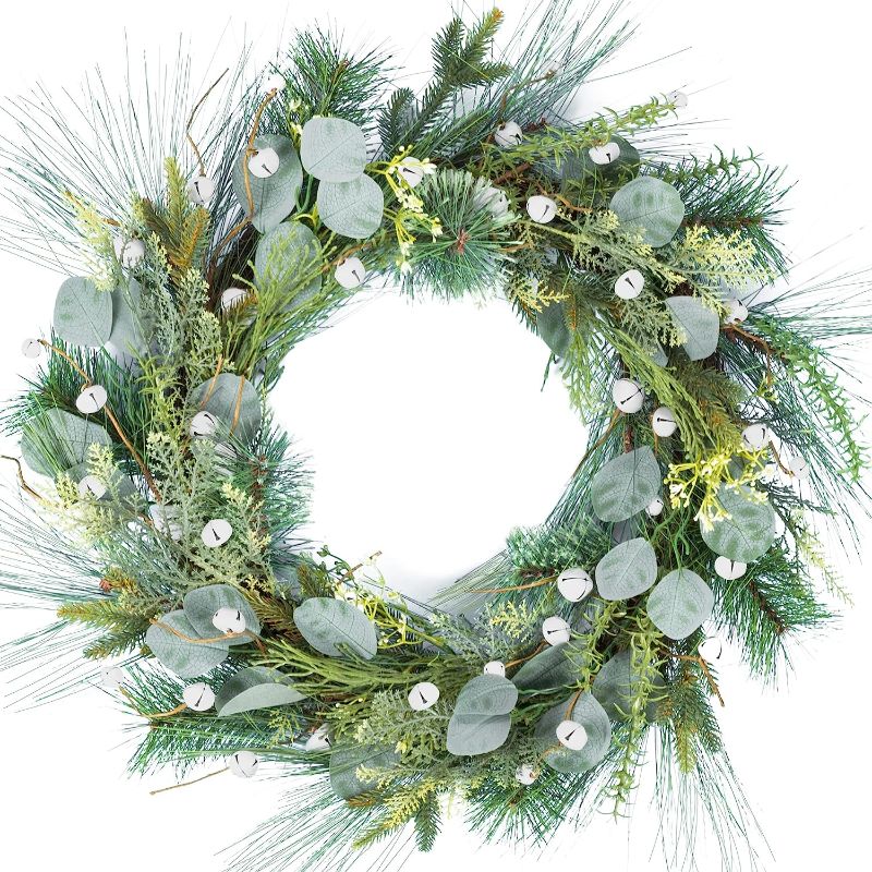 Photo 1 of  Christmas Wreath for Front Door 24-Inch White Jingle Bell Wreath with Eucalyptus Pine Leaves for Winter Xmas Decor