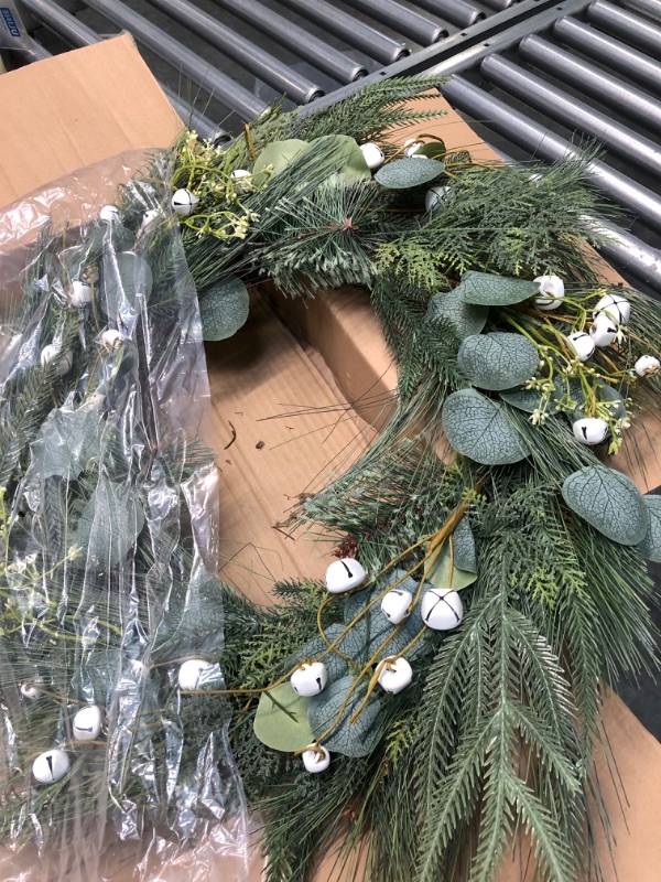 Photo 4 of  Christmas Wreath for Front Door 24-Inch White Jingle Bell Wreath with Eucalyptus Pine Leaves for Winter Xmas Decor