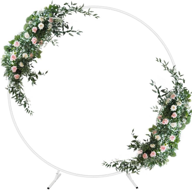 Photo 1 of  Round Backdrop Stand Circle Balloon Arch Stand, Metal Wedding Flower Ring Arch Frame for Wedding, Birthday Party, Baby Shower, Graduation Backdrop Decoration, White