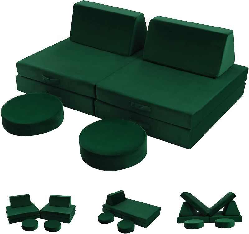 Photo 1 of MeMoreCool Kids Couch Sofa Modular Toddler Couch for Bedroom Playroom, 8-Piece Fold Out Couch Play Set for Imaginative Boy Girl, Creative Baby Couch Children Convertible Sofa Kids Foam Couch, Green