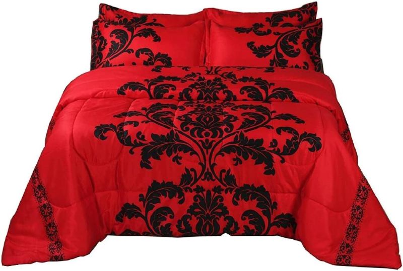 Photo 1 of A Nice Night Boho Paisley Black Flower Soft Microfiber Comforter Set, Red Queen Modern Luxury Design Hotel Style All Season Comforter