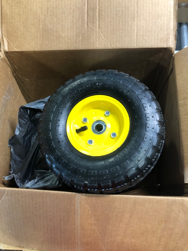 Photo 2 of (4 Pack) AR-PRO 4.10/3.50-4" All Purpose Utility Air Tires and yellow Wheel - with 10" Inner Tube, 5/8" Axle Bore Hole, 2.2" Offset Hub and Double Sealed Bearings for Hand Trucks and Gorilla Cart