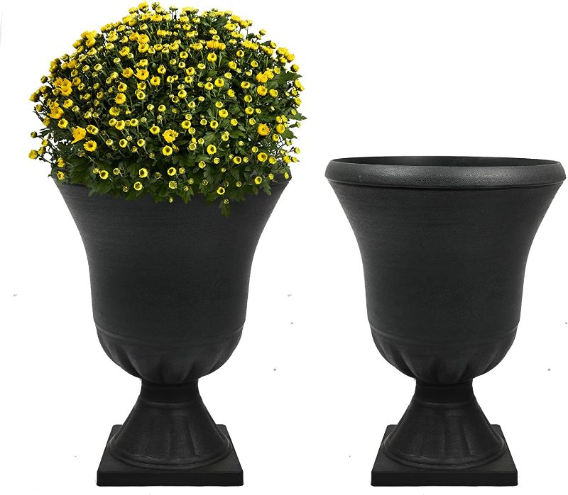 Photo 1 of Worth Garden 2-Pack Plastic Urn Planters for Outdoor Plants, 22'' Black Tall Round Classic Resin Traditional Flower Pots - 15 in. Dia. Large Imitation Stone Decorative Pot Patio Deck Front Porch