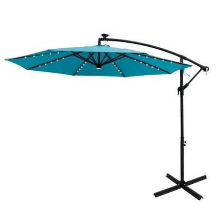 Photo 1 of  10ft Solar LED Offset Hanging Market Patio Umbrella for Backyard, Poolside, Lawn and Garden w/Easy Tilt Adjustment, Polyester Shade, 8 Ribs - Tan