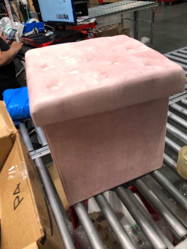 Photo 3 of B FSOBEIIALEO Storage Ottoman Cube, Velvet Tufted Folding Ottomans with Lid, Footstool Rest Padded Seat for Bedroom (Pink, Medium) Pink Medium