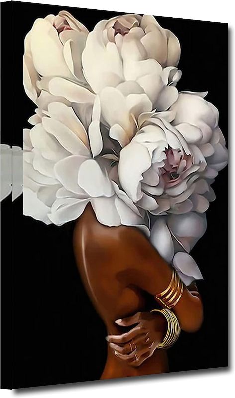 Photo 1 of African American Wall Art White Flower on Black Women Head Vintage Canvas Art Paintings Modern Abstract Girl Picture Home Wall Decor for Bedroom Living Room Framed Ready to Hang (White, 16x24inch)