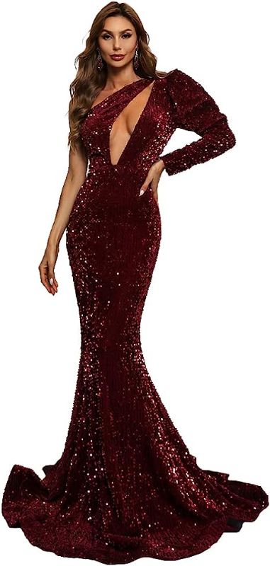 Photo 1 of Miss ord Women's One Shoulder Off Cutout Formal Sequin Prom Dress Floor-Length Mermaid Maxi Party Gown Size small