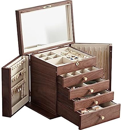 Photo 1 of CHOSIN Black Walnut Wooden Jewelry Box for Women, 5 Level Drawer Organizer Box with Glass Lid to Store Necklaces, Watch, Necklace, Ring, Earring Storage Gift Case for Girls