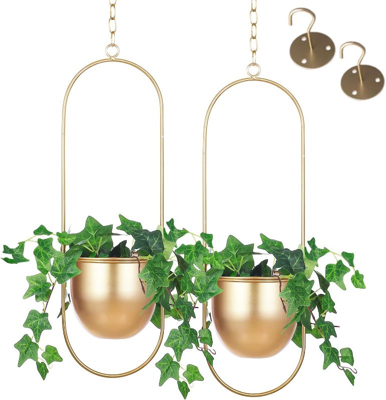 Photo 1 of 2 Pack Shineloha Hanging Planters for Indoor & Outdoor Plant with 6" Pot (Detachable) + Hook | Hanging Plant Holder, Plant Hanger, Minimalist Planter | Modern Home Decor, NO Plant incld (Gold)