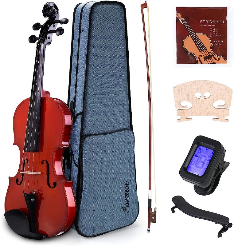 Photo 1 of Asmuse 4/4 Violin Set Solid Wood with Rosin Tuner Shoulder Rest Wipe Bow Instruction Manual?Natural?