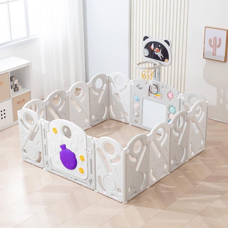 Photo 1 of MERIT play Baby Playpen, Free-Installation Toddler Foldable Playpen with Basketball Hoop and Drawing Board for Kids, Adjustable Shape Safety Indoor Outdoor Portable Sturdy Play Yard(14 Panels)
