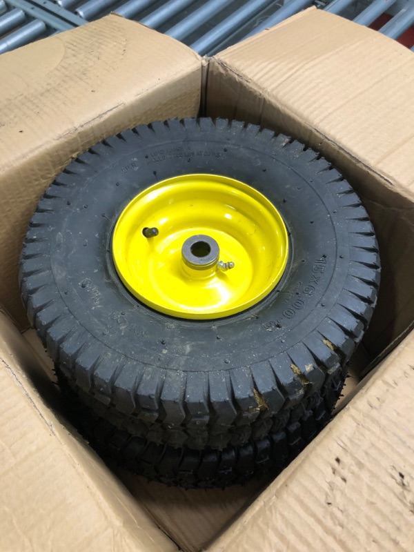 Photo 3 of (2 Pack) AR-PRO Exact Replacement 15" x 6.00 - 6" Front Tire and Wheel Assemblies for John Deere Riding Mowers - Compatible with John Deere 100 and D100 Series - 3” Hub Offset and 3/4” Bushings 15" x 6.00-6" Yellow