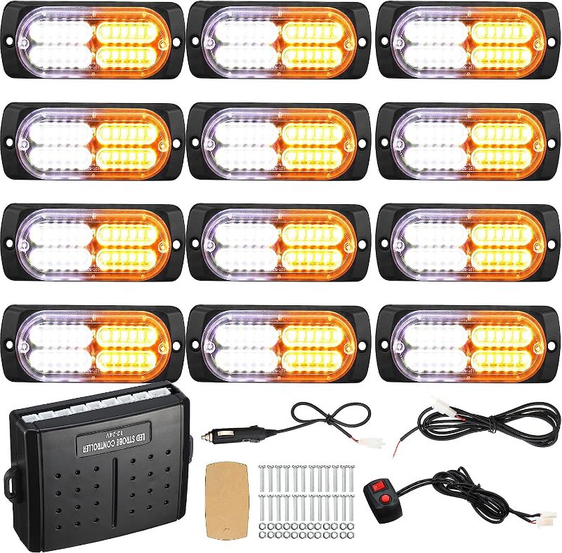 Photo 1 of 12 Pieces Emergency Lights for Vehicles Truck Strobe Lights Flush Mount LED Emergency Lights with Control Box Wiring Hazard Warning Amber Strobe Lights for Vehicle Truck Car Roadside
