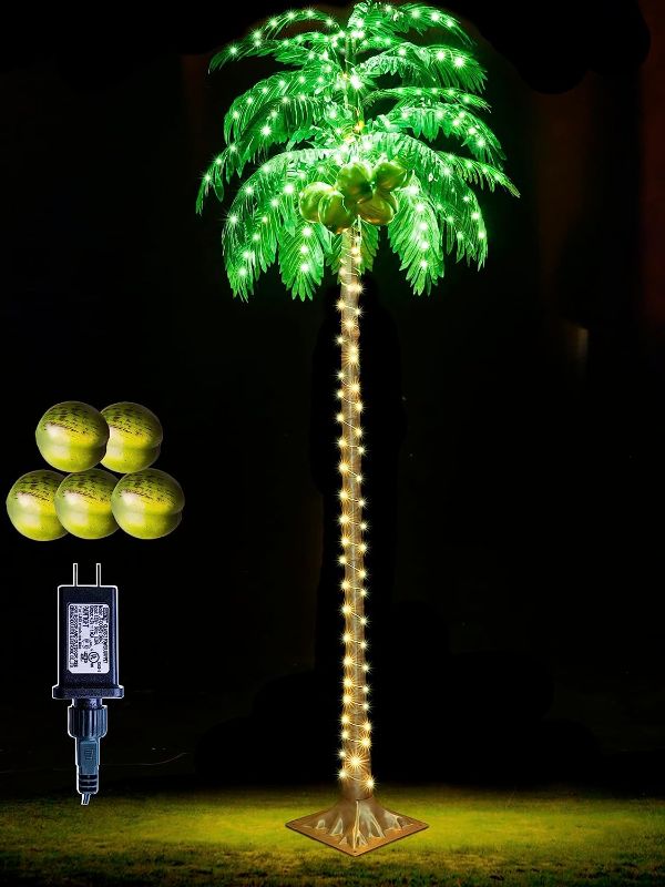 Photo 1 of 8FT LED Lighted Palm Tree with 5 Coconuts, Artificial Tropical Palm Tree Light Indoor Outdoor, Green Fake Palm Tree Lights for Outside Patio Pool Summer Hawaiian Luau Party Tiki Bar Holiday Home Decor