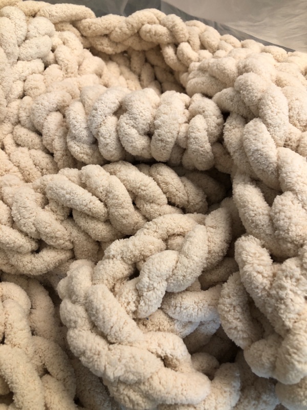 Photo 1 of Adyrescia Chunky Knit Blanket Throw | 100% Hand Knit with Jumbo Chenille Yarn (40"x50", Cream White) 40"x50" Cream White