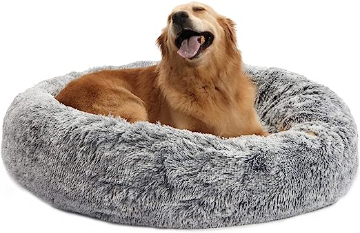 Photo 1 of Bedfolks Calming Donut Dog Bed, 36 Inches Round Fluffy Dog Beds for Large Dogs, Anti-Anxiety Plush Dog Bed, Machine Washable Pet Bed (Dark Grey, Large) Large(D36") Dark Grey