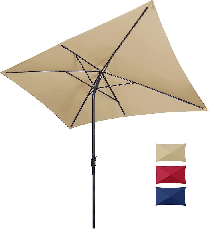 Photo 1 of 6.5x10ft Rectangular Patio Umbrella, Outdoor Market Table Umbrellas with Heavy Duty Pole, UV Protect Umbrella with Push Botton Tilt & Crank Ideal for Garden, Deck, Lawn, Backyard & Pool, Beige