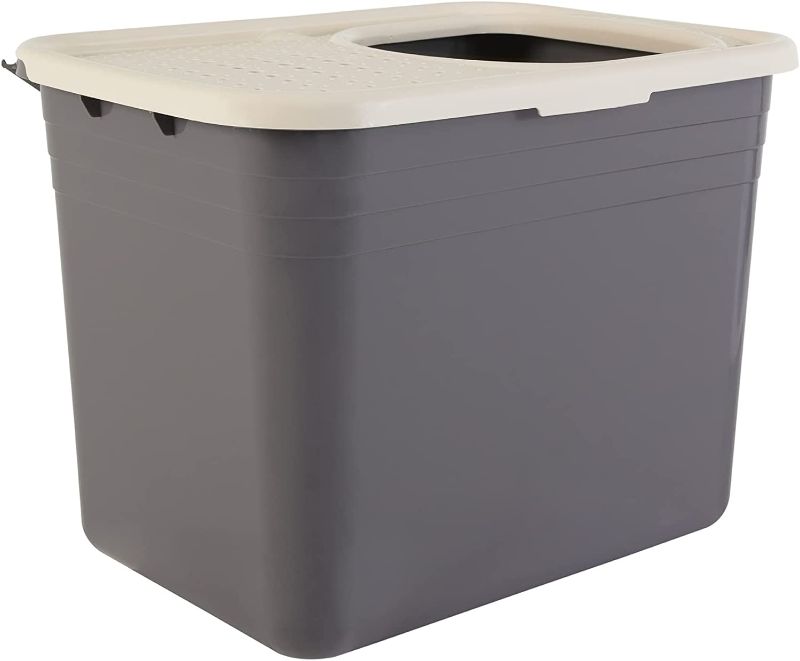 Photo 1 of Amazon Basics Nonstick Top-Entry Cat Litter Box with Filter Lid, Large, Gray 