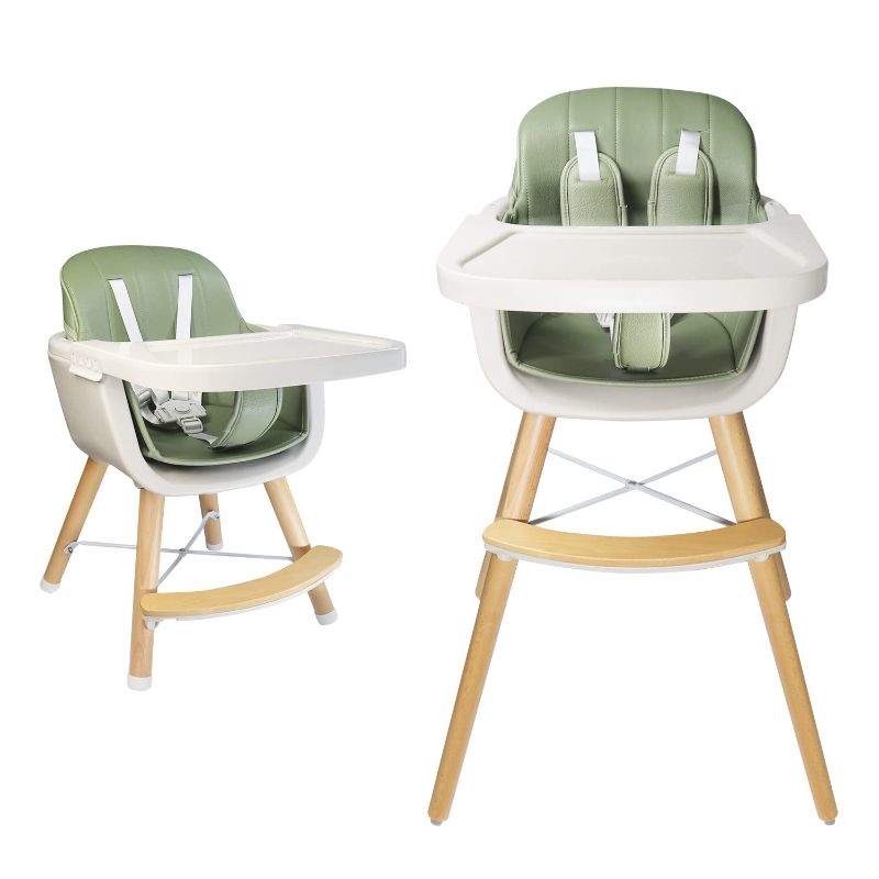 Photo 1 of Foho Baby High Chair, Perfect 3 in 1 Convertible Wooden High Chair with Cushion, Removable Tray, and Adjustable Legs for Baby & Toddler (Green)