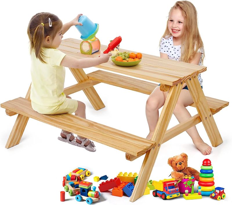 Photo 1 of KIDINIX Kid Picnic Table Outside Chair Bench Weight Capacity at 200lbs, Tool-Free, Wooden Outdoor Indoor Activity Table